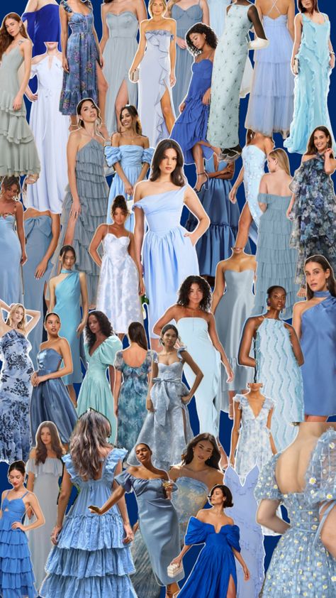 Blue Bridesmaid Wedding Cocktail Special Party Dress Garden Occasion Blue Shades Bridesmaids, Blue Toile Bridesmaid Dresses, Garden Party Wedding Blue, Blue Bridesmaid Dresses Aesthetic, Mixed Blue Bridesmaid Dresses, Black Tie Bridesmaids Dresses, Tea Party Attire, Blue Wedding Guest Dresses, Mix Match Bridesmaids