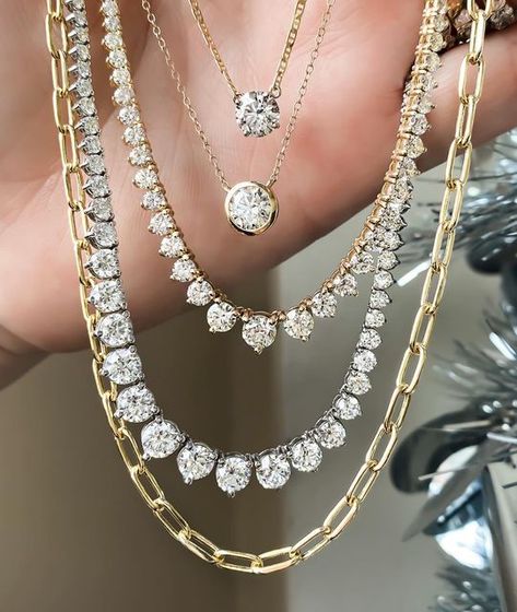 Collins Family Jewelers on Instagram: "We’re known for our wrist stacks, but we can do an EPIC neck stack too! ✨🙌🏼 Check out these amazing solitaires and Riviera tennis necklaces. Of course, always throw in a paperclip for good measure! 😍🔥 • Top to bottom: 14K 1.19CT SI1, I Lab Solitaire diamond necklace 16” $2,900 • 14K 1.25CT VS1, J Lab Solitaire diamond necklace 16-18” $1900 • 14K 9.55CTW 17” Riviera diamond necklace VS, J-K $12,000 • 14K 12.98CTW 18” Riviera diamond necklace VS, H-I $22, Stacked Chains Layered Necklace, Diamond Necklace Stacking, Luxury Diamond Tennis Necklace With Chain, Luxury Diamond Chain Tennis Necklace, Crystal Tennis Necklace With Diamond Cut, Luxury Diamond Tennis Necklace With Box Chain, Tennis Necklace Layered, Luxury Diamond Tennis Necklace With Adjustable Chain, Drake Outfit