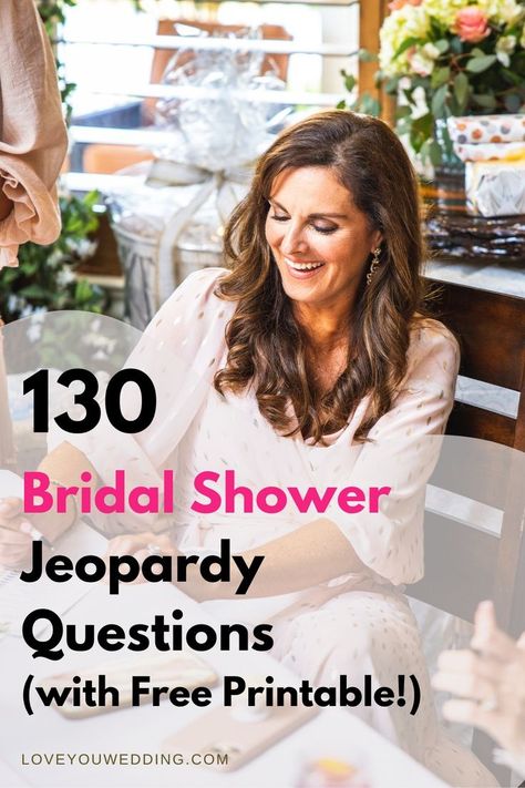 Looking for the perfect trivia bridal shower games? With 130 fun and entertaining Jeopardy questions–with a free printable!–you and your loved ones will be laughing and learning all night long! Bridal Shower Jeopardy Questions, Bridal Jeopardy Questions, Bridal Shower Jeopardy, Bridal Jeopardy Game, Elegant Bridal Shower Ideas, Bridal Shower Game Prizes, Best Bridal Shower Games, Bridal Jeopardy, Funny Bridal Shower Games