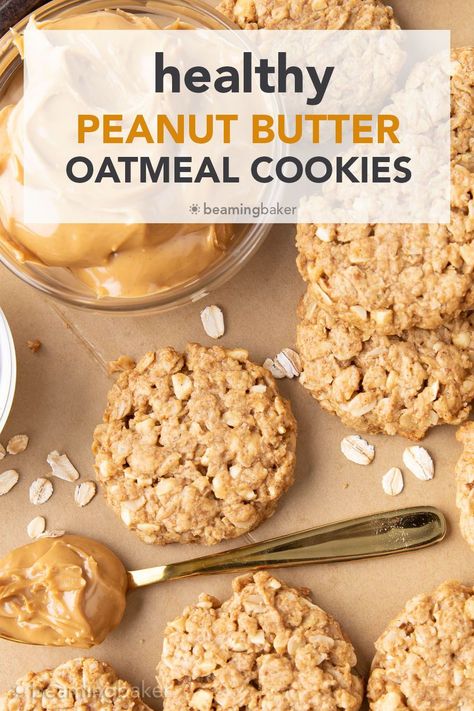 An easy recipe for deliciously healthy peanut butter oatmeal cookies made with simple, whole ingredients, packed with nearly 5g of protein, healthy fats and dietary fiber. | Recipe at BeamingBaker.com Pb2 Oatmeal Cookies, Healthy Oatmeal Peanut Butter Cookies, Healthy Pb Cookies, Peanut Butter Oatmeal Cookies Healthy, Healthy Peanut Butter Oatmeal, Healthy Peanut Butter Oatmeal Cookies, Beaming Baker, Pb2 Recipes, Brownie Vegan