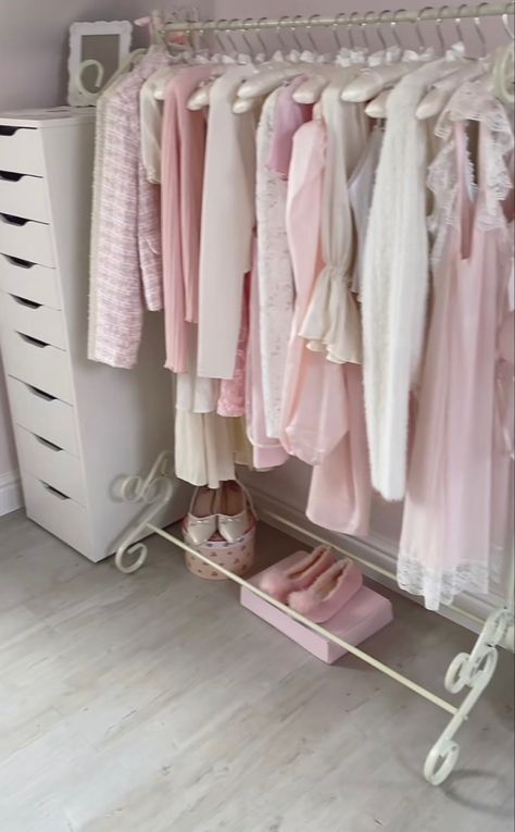 Coquette Wardrobe Room, Small Clothing Rack Bedroom, Pink And White Closet, Bedroom Vintage Aesthetic, Clothes Hanging Ideas, Clothes Rack Aesthetic, Clothing Rack Aesthetic, Bedroom Clothes Rack, Clothes Rack Bedroom