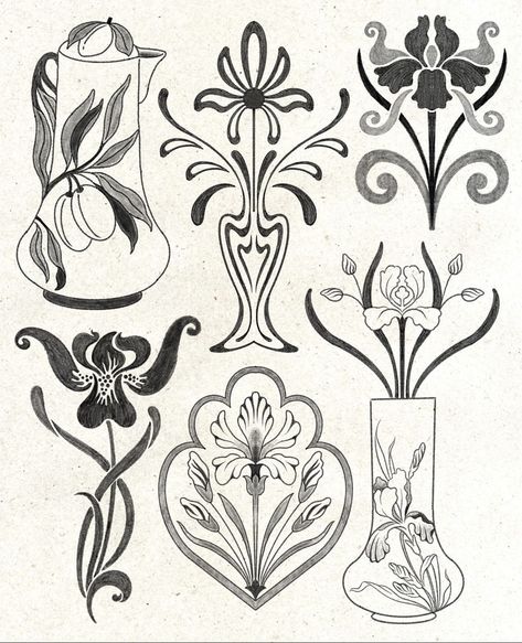 Flower Tattoos Abstract, Regency Tattoo Ideas, Art Deco Flowers Tattoo, Art Nouveau Symbols, Art Nouveau Wall Mural, Iris Art Nouveau, Frame Flower Tattoo, Art Noveau Tattoos Women, Flower Ornaments Drawing