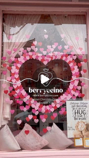 Berryccino ® on Instagram: "Our store front is ready for Valentines day. #berryccino #valentinesday2024 #vday2024 #storefront #storefrontdesign #storefrontideas" Heart Window Display, Valentines Day Shop Window, Valentines Store Decor, Valentines Shop Window Display, Valentine’s Day Display Window, Vitrine Saint Valentin, Valentine's Day Decoration Ideas, Valentine Window Display Store Fronts, Valentine Display Ideas Retail