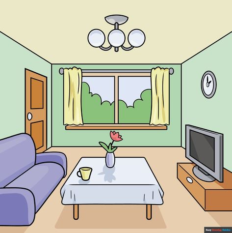 Learn How to Draw an Easy Room in One-Point Perspective: Easy Step-by-Step Drawing Tutorial for Kids and Beginners. See the full tutorial at https://easydrawingguides.com/how-to-draw-an-easy-room-in-one-point-perspective/ . One Point Perspective Room Easy, Room Template Drawing, Simple Drawing Room Ideas, One Point Perspective Room, 1 Point Perspective Drawing, Simple House Drawing, Drawing Room Ideas, Perspective Room, Perspective Pictures