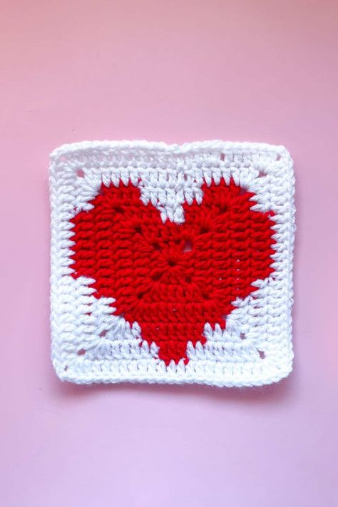 Heart Granny Square Coaster, Granny Heart Crochet Pattern, Heart Granny Square Projects, Crochet Granny Square With Heart, Heart Shaped Granny Square Pattern, Solid Heart Granny Square Pattern, Big Heart Granny Square, Crochet Heart Square Pattern, Heart Shape Granny Square