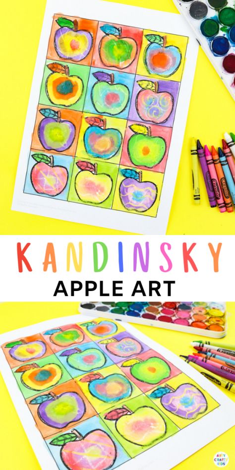 Arty Crafty Kids | Kandinsky Inspired Apple Art for Kids. A fun and playful early Autumn art and craft project for kids. Perfect for studying colour creation. Kandinsky Apple Art, Apple Art Projects For Kids, Apple Art Projects, Art Kandinsky, Apple Template, September Art, Art Project For Kids, Arte Doodle, Kandinsky Art