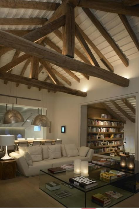 Vaulted Ceiling Lighting, Exposed Beams Ceiling, Beams Living Room, Beam Ceilings, Vaulted Ceiling Living Room, Exposed Ceilings, Open Ceiling, Cozy Lighting, Cottage Lighting