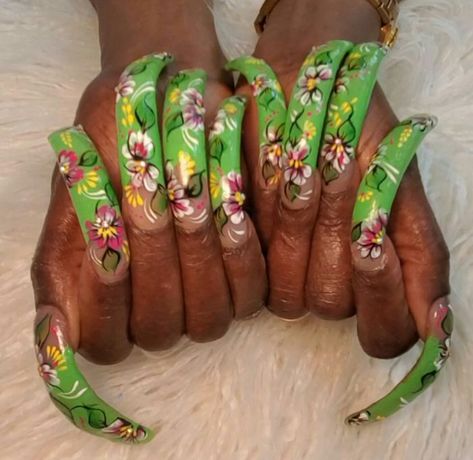 90s Inspired Nails, 90s Curved Nails Long, 2000 Flower Nails, 90’s Airbrush Nails, 2000s Flower Nail Art, 2000s Nails Acrylic Flower, Bad Nails, Long Red Nails, Long Fingernails