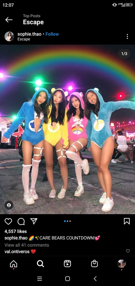 Edm Halloween Costumes Rave Outfits, Care Bear Costume College, Friend Rave Outfits, Rave Group Outfits Theme, Carebear Rave Outfit, Trippy Halloween Costumes, Carebares Costume, Duo Bsf Halloween Costumes, Non Basic Duo Costumes