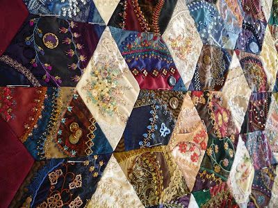 Work in Progress Wednesday: Assembling a crazy quilt, tying the quilt sandwich - Pintangle Crazy Quilt Templates, Crazy Quilting Ideas, Crazy Quilt Embroidery, Crazy Quilts Patterns, Quilt Stitches, Crazy Quilt Stitches, Quilt Embroidery, Crazy Quilt Blocks, Tumbling Blocks