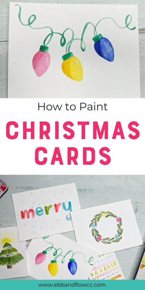 How To Make Watercolor Cards, Simple Hand Painted Christmas Cards, Homemade Cards Watercolor, Watercolour Christmas Cards Ideas Easy, Simple Watercolor Christmas Cards, Paint Christmas Cards, Watercolour Christmas Cards Ideas, Christmas Cards Painted, Diy Watercolor Christmas Cards