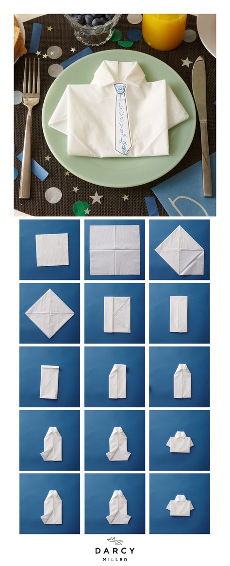 Dad's Shirt Napkin Folding DIY How-to with free printable tie template  | Darcy Miller Designs Download #breakfast #idea #dinner #table #card #fathersday #paper #fold #dressshirt #fordad #forhim #forgrandpa #decor #celebrate #grandfather #suit #origami #cutout #paper #craft #activity #easy Fun Diy Gifts, Thanksgiving Napkin Folds, Diy Napkin Folding, Tie Template, Clothes Videos, Napkin Folding Ideas, Paper Napkin Folding, Camping Knots, Tissue Napkins