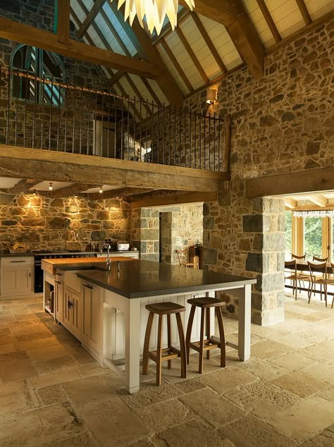 Classic farmhouse style setting offers the perfect opportunity to add a mezzanine level above the kitchen Barn Conversion Interiors, Barn Conversions, Barn Kitchen, Barn Living, Barn Interior, Barn Renovation, Barn Style House, Barn Conversion, Barn Homes