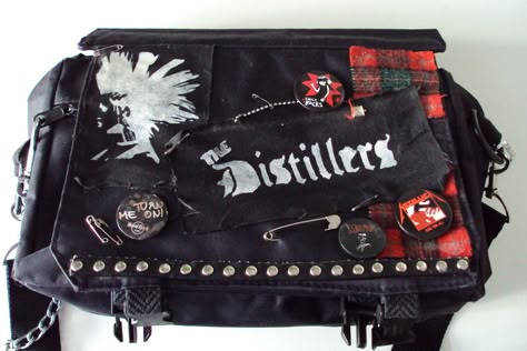 Punk Messenger Bag Diy Book Bag, Diy Messenger Bag, Punk Pins, Battle Jacket, Leather Backpacks, Bags Messenger, Punk Outfits, Mens Leather Bag, Diy Book