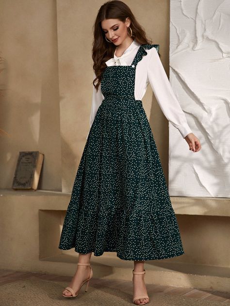 Dark Green Elegant  Sleeveless Polyester Polka Dot Pinafore Embellished Non-Stretch Spring/Fall Women Dresses Frock Design Sleeveless, Skirt Ideas, Simple Frocks, Sports Clothes, Dress Book, Wallpaper Girly, Girls Sports, 90s Childhood, Modest Clothing