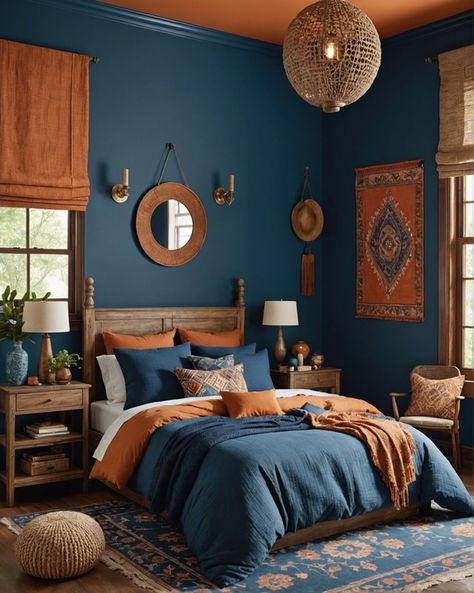 Blue Fall Bedroom, Boho Bedroom Blue Walls, Terracotta And Blue Bedroom, Navy Blue And Orange Bedroom, Navy Blue Boho Bedroom, Boho Bedroom Blue, Orange And Blue Bedroom, Blue Wall Bedroom, Blue Boho Bedroom