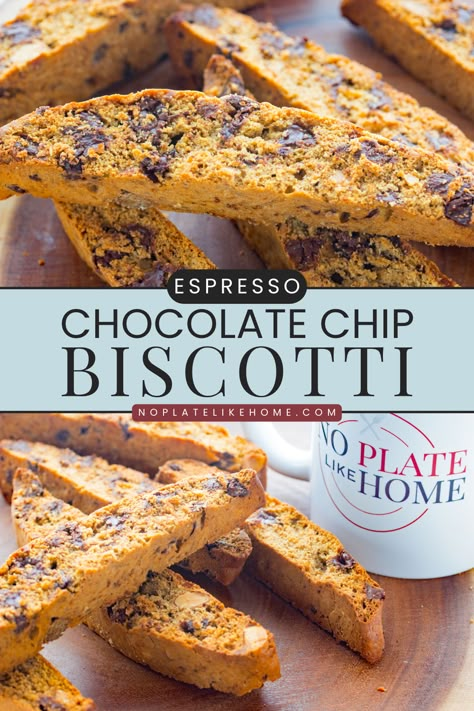 Easy Espresso Chocolate Chip Biscotti are perfect for dunking in your coffee and will satisfy your sweet tooth. They're made with roasted almonds and chocolate chips for tasty Italian cookies that are irresistible. They're perfect for holiday baking so add them to your Christmas cookie list. Click on the link to get this delicious recipe! Italian Christmas Cookies Recipes, Christmas Cookies Italian, Chocolate Almond Biscotti Recipe, Chocolate Chip Biscotti Recipe, Best Christmas Cookies Recipes, Easy Espresso, Chocolate Chip Biscotti, Fun Cookie Recipes, Italian Christmas Cookie Recipes