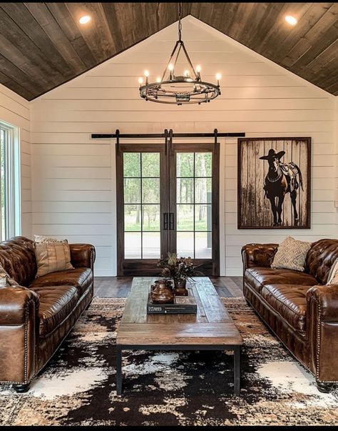 Western Living Room Aesthetic, Western House Interior Ideas, Modern Texas Ranch House Interior, Cowboy Cabin Interior Design, Western Small Living Room, Cowboy Living Room Ideas, Western Style Homes Interior Design, Dark Western Decor, Western Farmhouse Decor Living Room