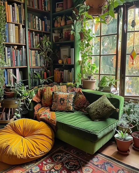 Green Couch Library, Fun Reading Nook, Green Reading Corner, Conservatory Reading Room, Dark Green Aesthetic House, Green Aesthetic House Decor, Home Library Small Room, Reading Armchair Corner, Cosy Home Library