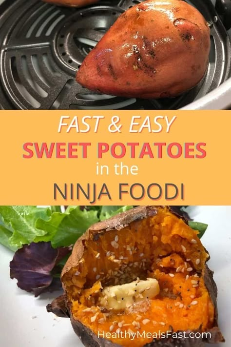 Sweet potatoes in the Ninja Foodi bake up fast and easy. And I’ll share two different ways below to get perfectly fluffy potatoes in no time! Grill Potatoes, Pressure Cooker Sweet Potatoes, Air Fryer Sweet Potatoes, Ninja Foodi Grill Recipes, Pressure Cooker Recipes Healthy, Food Ninja, Sweet Potato Baby Food, Recipes Sweet Potato, Ninja Foodie Recipes