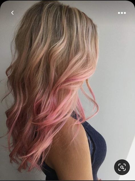 Blonde Hair With Light Pink Tips, Blonde With Pink Balayage, Pink Streak Hair Blonde, Pink Hair Tips Blonde, Blond Hair Pink Highlights, Pink On Blonde Hair, Blonde Hair Pink Underneath, Pink Highlights In Dirty Blonde Hair, Pink Blonde Balayage