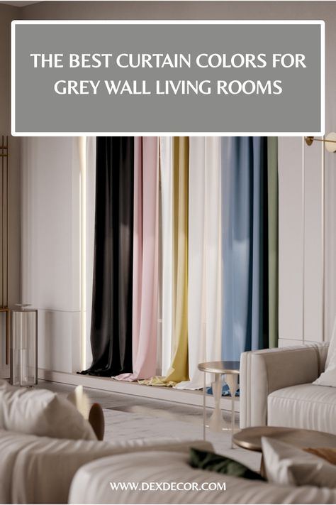 Various colored curtains hanging in a stylish living room with grey walls. Curtains With Grey Walls, Dark Grey Walls Living Room, Grey Living Room Walls, Living Room Colour Ideas, Room With Curtains, Room Colour Ideas, Curtains For Grey Walls, Curtain Colors, Ensuite Bathroom Designs