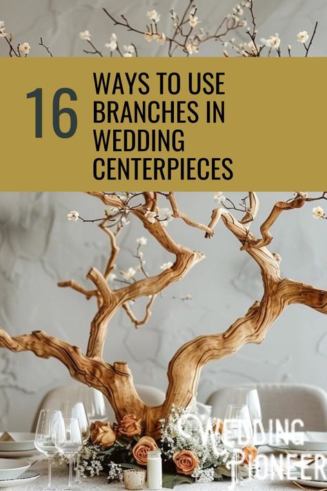 Transform your tables with the raw beauty of branch centerpieces. Whether you're going for rustic charm or minimalist chic, our article showcases ways to incorporate nature into your nuptials. Centerpieces Wedding Wood, Spring Wedding Centerpieces Diy, Forest Centerpiece Ideas, Branch Table Centerpieces, Tree Branch Centerpiece, Moss Centerpiece Wedding, Tall Centerpiece Wedding, Diy Branch Centerpieces, Curly Willow Centerpieces