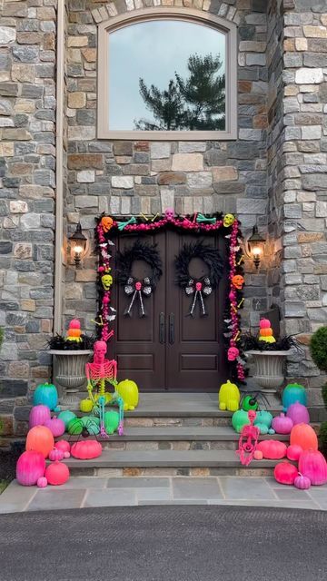 Porch Skeleton, Halloween Block Party, Halloween Lighting Outdoor, Rainbow Halloween, Neon Halloween, Halloween Circus, Halloween Porch Decorations, Halloween Outdoor, Neon Rainbow