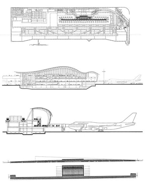 Kansai International Airport Passenger Terminal Building by Renzo Piano Building Workshop | Airports Airport Plan Architecture, Kansai Airport, Kansai International Airport, Train Station Architecture, Airports Terminal, Airport Design, Renzo Piano, Floor Plan Layout, Architecture Concept Drawings