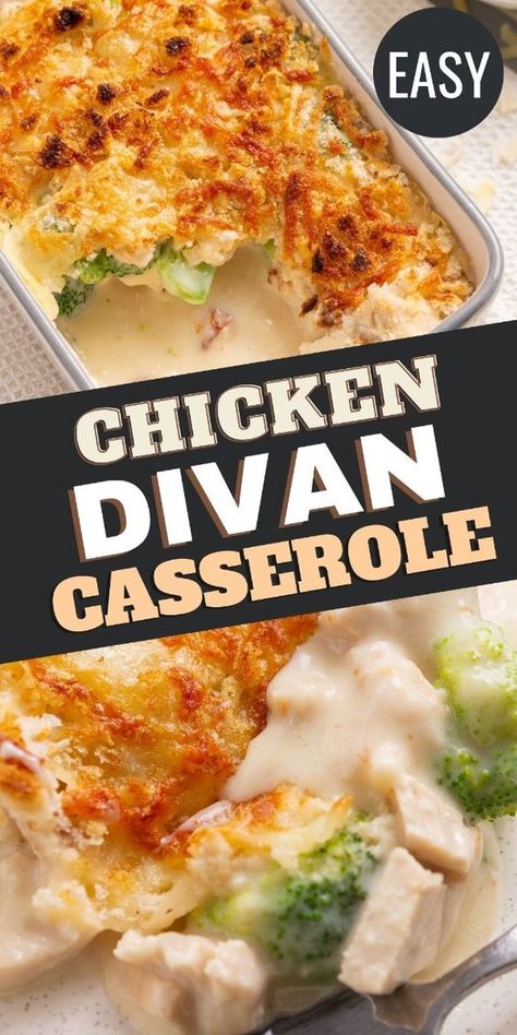 Easy chicken divan casserole combines broccoli and chicken in a creamy sauce. It’s a delicious entree when you want a simple meal with meat and vegetables. Chicken Divan Recipe Without Canned Soup, Chicken Devine Casserole Easy Recipes, Chicken Divine Casserole, Chicken Divine Recipe, Chicken Broccoli Casserole Easy, Chicken Divan Recipe Easy, Brocolli Bake, Chicken Devan, Creamy Chicken And Broccoli Casserole