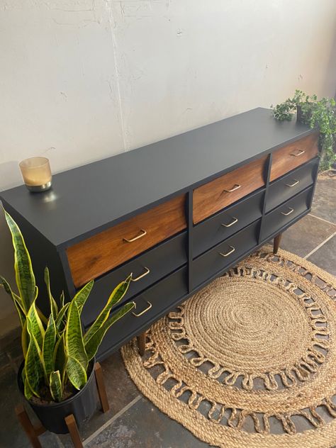 Black Mid Century Modern Dresser, Refurbished Black Dresser, Dresser Makeover Mid Century Modern, Black And Wood Dresser Makeover, Midcentury Dresser Flip, Black Refurbished Dresser, Black And Natural Wood Dresser, Black With Wood Accents, Painted Mid Century Dresser