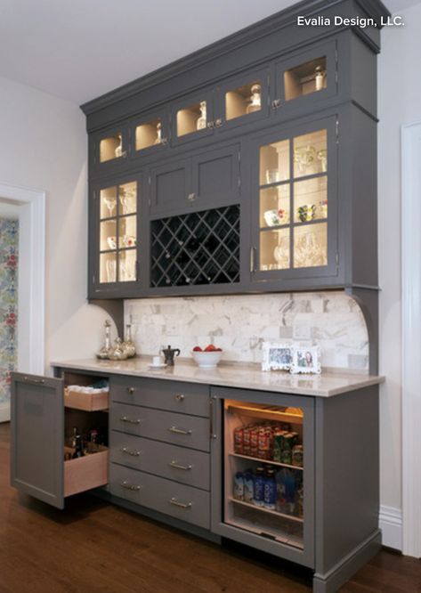 Butler's Pantry Bar Cabinet with Wine Storage, Beverage Refrigerator, Lighted Cabinetry, and Liquor Cabinet Corner Bar Cabinet, Modern Home Bar, Home Bar Design, Kabinet Dapur, Home Coffee Stations, Home Coffee Bar, Home Bar Designs, Butler's Pantry, Kitchen Remodel Idea