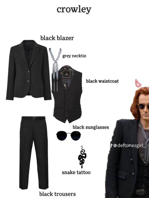 Good Omens Costume, Crowley Outfit Ideas, Crowley Outfit, Crowley Costume, Good Omens Cosplay, Crowley Cosplay, Halloween Party Costume Ideas, Rave Halloween, Crowley Supernatural