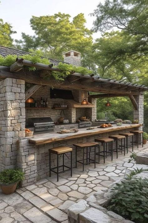 Backyard Kitchen Ideas, Rooftop Restaurant Design, Rustic Outdoor Kitchens, Outdoor Cooking Spaces, Outdoor Kitchen Plans, Casa Country, Kitchen Styles, Backyard Pavilion, Backyard Kitchen