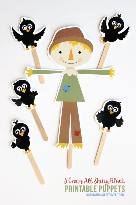 5 Crows All Shiny Black Printable Puppets - Inspiration Made Simple Preschool Scarecrow, Scarecrow Puppet, Scarecrow Printable, Printable Puppets, Fun Fall Crafts For Kids, Scarecrow Craft, Puppet Craft, Scarecrow Crafts, Kids Painting Crafts