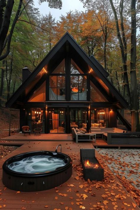 LOG CABIN UNI Triangle Cabin House Plans, Modern A Frame Interior, Small Cabin House Design, Vermont Cabin Aesthetic, Indoor Cabin Ideas, A Frame In The Woods, Cabin Modern House, Loft Cabin Ideas, Barndo Cabin