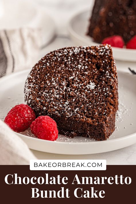 This Chocolate Amaretto Bundt Cake is moist, chocolatey, and full of irresistible almond flavor. It’s also an easy Bundt cake—no glaze or frosting! Amaretto Bundt Cake, Cake In A Loaf Pan, Chocolate Olive Oil Cake, Easy Bundt Cake Recipes, Breads Bakery, Easy Bundt Cake, Chocolate Bundt, Bundt Cake Recipe, Chocolate Bundt Cake