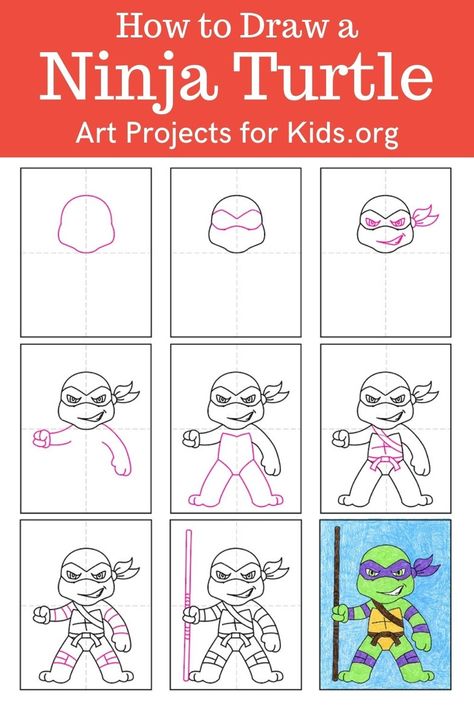 Learn how to draw a Ninja Turtle with an easy step-by-step PDF tutorial. #howtodraw #tutorial #drawing #drawingtutorial #arttutorial #artprojectsforkids #howtodrawforkids #ninjaturtle #ninjaturtledrawing How To Draw Ninja Turtles, Draw Ninja Turtles, How To Draw A Ninja Turtle, Tmnt How To Draw, How To Draw Teenage Mutant Ninja Turtles, How To Draw Tutorials Step By Step, Ninja Turtles Drawing, How To Draw Tmnt, How To Draw Ninja Turtles Step By Step