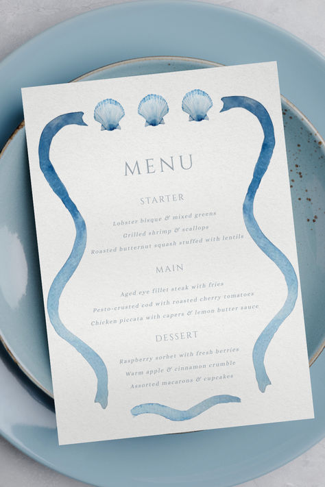 Blue Shell Menu Template, Hand Painted Watercolour Wedding /Bridal Shower /Dinner Party Menu, Digital Template Printable, elegant ocean sea Watercolor Menu Design, Bridal Shower Dinner Party, Chicken Piccata With Capers, Menu Dinner Party, Bridal Shower Dinner, Menu Project, Watercolor Menu, Bridal Shower Menu, Watercolour Wedding