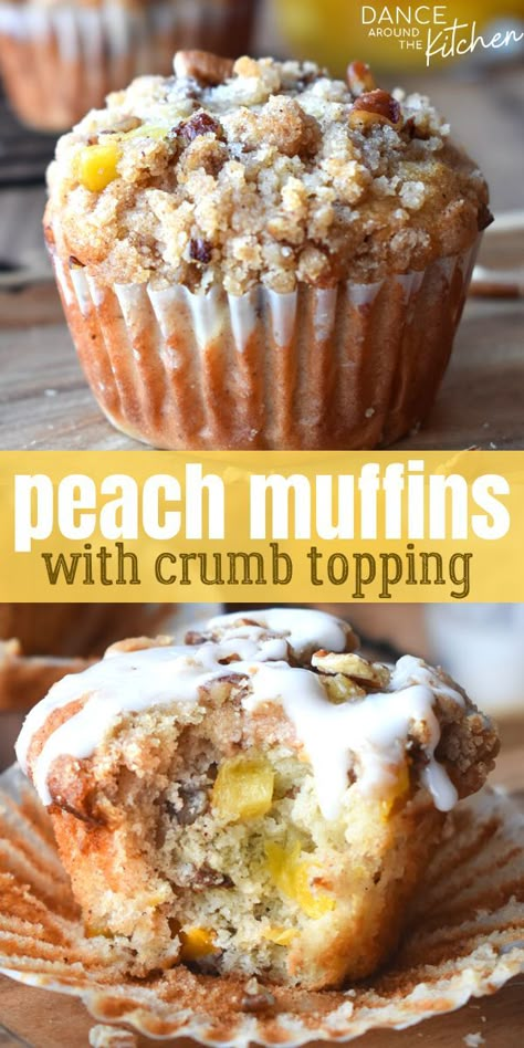 Peach Muffin, Peach Muffin Recipes, Dance Around The Kitchen, Simple Icing, Bakery Muffins, Cherry Muffins, Fruit Muffins, Peach Muffins, Dairy Free Chocolate Chips