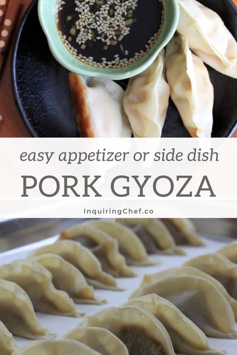 Flavorful pork gyoza dumplings are bite-sized, super savory, and stuffed with a juicy and aromatic pork and chive filling. These tender, freezer-friendly snacks are perfect for entertaining, or can be enjoyed as part of an easy weeknight meal. #dumplings #porkgyoza #Japaneserecipe #easyrecipe #appetizer #sidedish Pork Gyoza Recipe, Brown Rice And Chicken, Chicken Ramen Stir Fry, Pork Gyoza, Gyoza Recipe, Gyoza Dumplings, Side Dishes For Fish, Chicken Lettuce Cups, Fish Steak