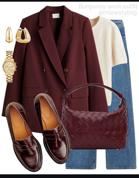 Burgundy Loafers Outfit, Burgundy Blazer Outfit Woman, Burgundy Blazer Outfit, Loafers Outfit, Burgundy Outfit, Burgundy Blazer, Fashion Top Outfits, Casual Outfit Inspiration, Summer Ootd