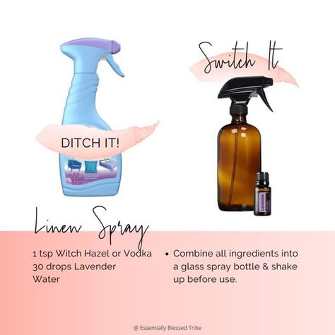 1 tsp Witch Hazel or Vodka
Water
30 drops Lavender (or essential oil of choice)
✅ Directions: 
Add witch hazel, water, and essential oil into a 2 oz spray bottle and spray linens! 
⭐️ Bonus: the lavender will help you relax and drift off to dreamland. Diy Linen Spray, Natural Fabric Softener, Vodka Water, Crunchy Life, Doterra Recipes, I Have Changed, Fresh Sheets, Lavender Spray, Fabric Freshener