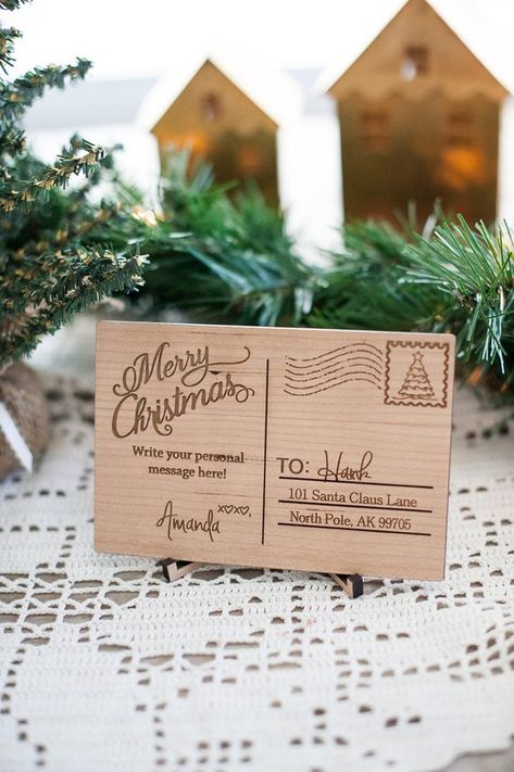 Wooden Christmas Postcard-Personalized gift-Wooden Letter-Gift For Him- Gift for Her-Wood Postcard - By Urban Forest Woodworking Creative Gifts For Him, Plaque Ideas, First Wedding Anniversary Gift, Thoughtful Gifts For Him, Glowforge Ideas, Wood Postcard, Reclaimed Wood Projects, Wood Artwork, First Wedding Anniversary