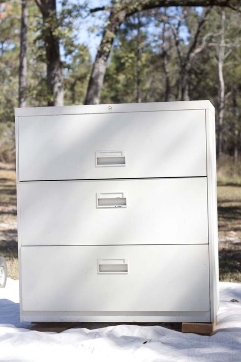 The $20 File Cabinet Makeover - Southern Revivals Lateral File Cabinet Makeover Metal, Upcycle Filing Cabinet, Lateral File Cabinet Makeover, Small Office Organization At Work, Filing Cabinet Redo, Organization Ideas For Work, File Cabinet Redo, Organization Ideas Office, Upcycle Drawers