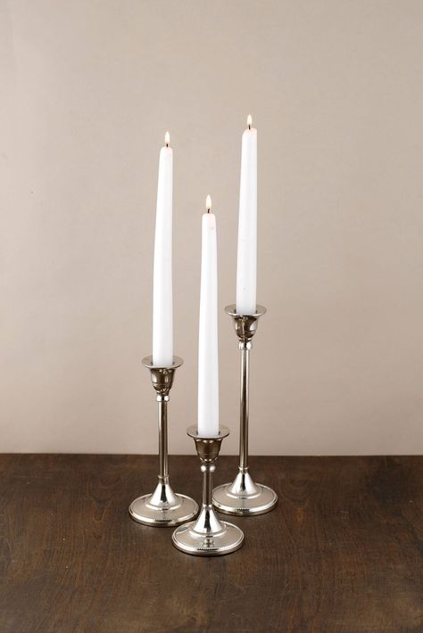 Candlestick Silver 9in Silver Candlesticks Wedding, Bohemian Centerpieces, Candles Reception, White Candle Sticks, Silver Candle Holders, Candle Sticks Wedding, Glamorous Decor, Hydrangea Centerpiece, Metal Candle Holder