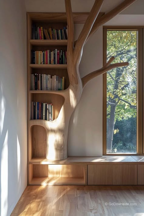 Tree Corner Bookshelf, Unique Bookcases Creative Bookshelves, Bookshelf Corner Bedroom, Corner Bookshelf Diy, Small Space Bookshelf, Interesting Bookshelves, Nook With Shelves, Cool Reading Nooks, Bookshelves Minimalist