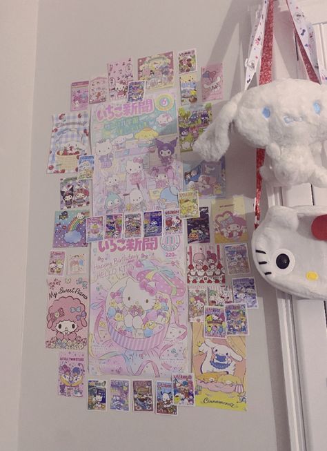 sanrio poster wall with photos from aliexpress, #kawaii #cutecore🎀🍓🎤🍮 #cutecore #cutecore🎀🦴🍮🐾 Sanrio Wall Collage, Sanrio Wall Decor, Kawaii Wall Collage, Kawaii Wall Decor, Wall With Photos, Sea Themed Room, Sanrio Poster, Kawaii Rooms, Maximalist Wall Decor