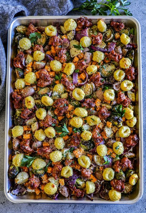 Italian Sausage and Gnocchi Sheet Pan Dinner Sausage And Squash Sheet Pan, Veggie Sausage Sheet Pan, Sheet Pan Maple Dijon Sausage, Italian Sausage Supper Ideas, Sausage And Brussel Sprouts Sheet Pan, Sheet Pan Gnocchi And Roasted Vegetables, Winter Sheet Pan Dinners, Sheet Pan Sausage And Gnocchi, Whole 30 One Pan Dinners