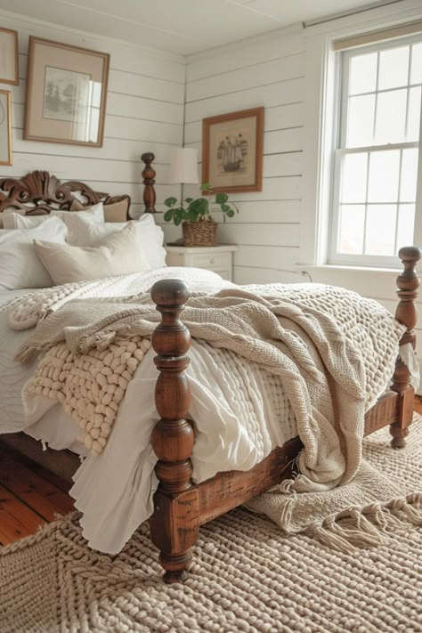 Unlock over 50 vintage farmhouse bedroom ideas for a cozy, modern, and chic aesthetic. Discover inspiration for decor ideas such as color schemes, textiles, curtains, wall decor, wallpaper, antique furniture, floral prints, and more for a stylish transformation! Antique Bed Frame Wood, King Bed Farmhouse Style, Vintage Farm Aesthetic House, Vintage Farmhouse Bed, Cozy Antique Home Decor, Bedroom With Antique Bed, Relaxing Farmhouse Bedroom, Antique Guest Bedroom Ideas, Cottage Inspired Decor